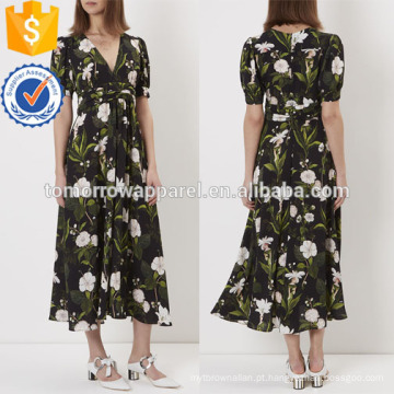 Vestido de chá com decote em V com estampa floral preta Fabricação por atacado de moda feminina vestuário (TA4058D)